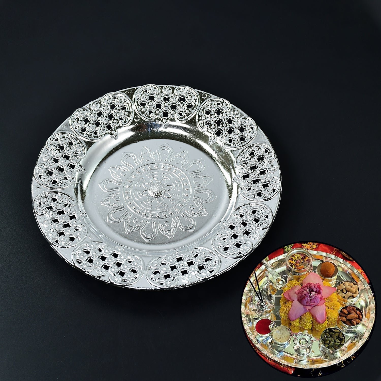 Pooja Thali Set – 8-Inch Plastic Silver Color for Festivals | Styleva