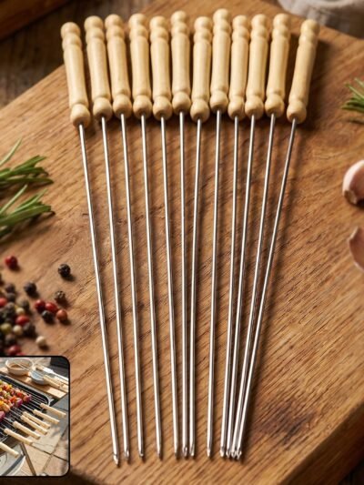 Stainless Steel BBQ Skewers � Reusable Grilling Sticks with Wooden Handle