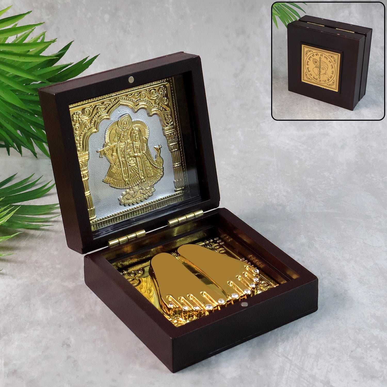 Charan Paduka Gold Finish in Wooden Box – Elegant Pooja Gift