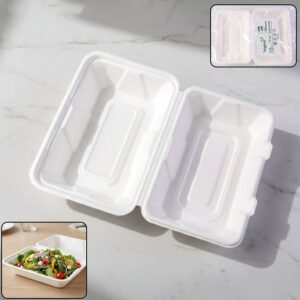 Bagasse Clamshell Food Box – Eco-Friendly 9x6 Inch Disposable Set