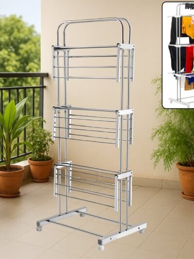 Stainless Steel Clothes Drying Stand – Foldable 3-Layer Rack with Wheels