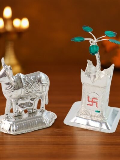 Kamdhenu Cow & Tulsi Plant Silver-Plated Pair – Divine Pooja Décor