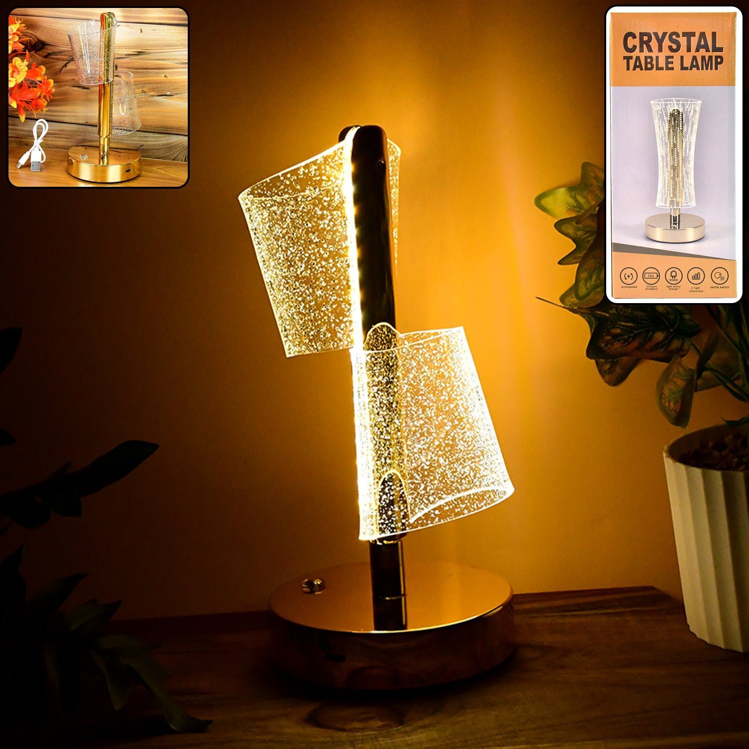 Crystal LED Double Shade Table Lamp – Elegant Golden Base Lighting