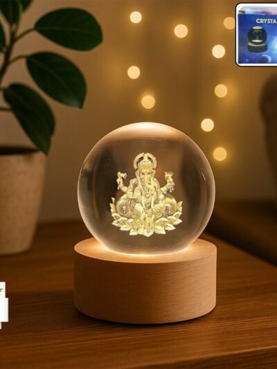 Ganpati 3D Crystal Ball Lamp – Wooden Base Night Light | Indo Glow