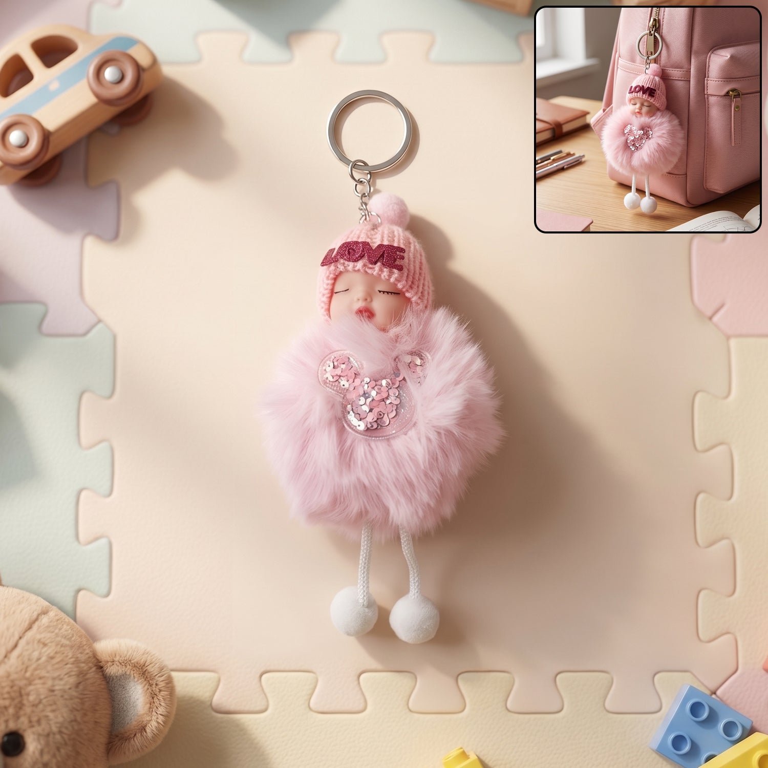 Plush Doll Keychain – Soft Fur Ball Charm