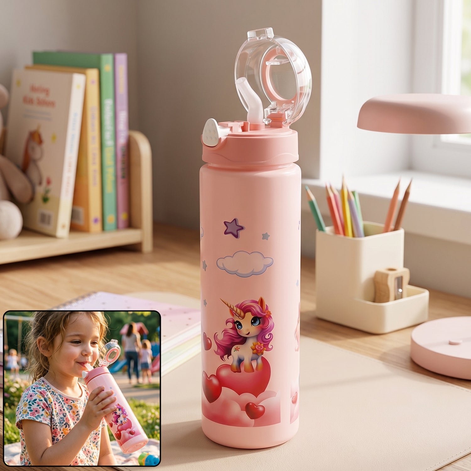 Kids Water Bottle � Fun Design with Flip Straw Lid for Easy Drinking