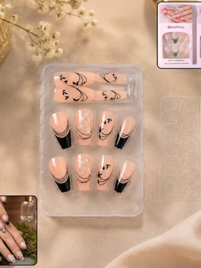 Burgundy Artificial Press-On Nails – Reusable Floral Set