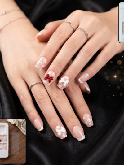 Press-On Nail Tips – Glitter 3D Floral Design with Strong Glue