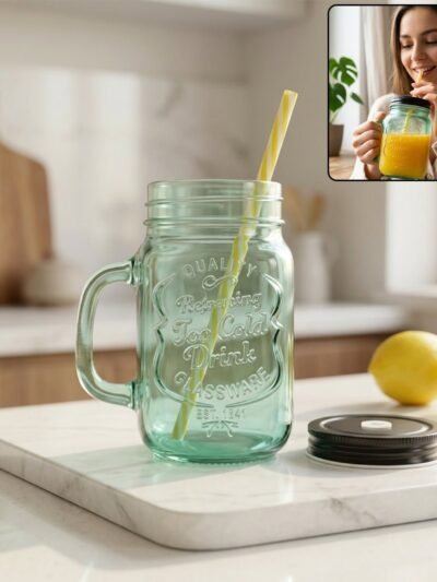 Mason Jar with Handle – Glass Drinking Cup & BPA-Free Straw | Indo Glow