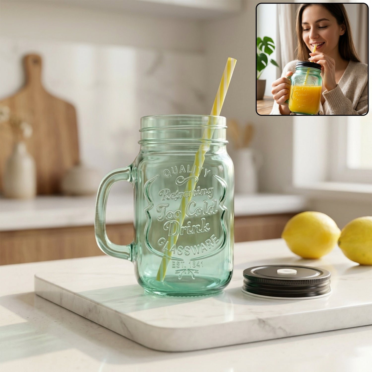 Mason Jar with Handle – Glass Drinking Cup & BPA-Free Straw | Indo Glow
