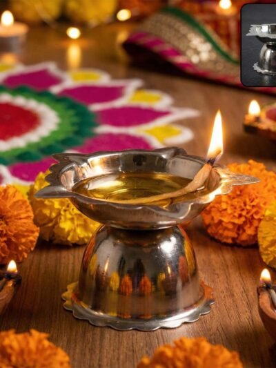 Sunflower Design Stainless Steel Diya Stand – Small Durable Pooja Lamp