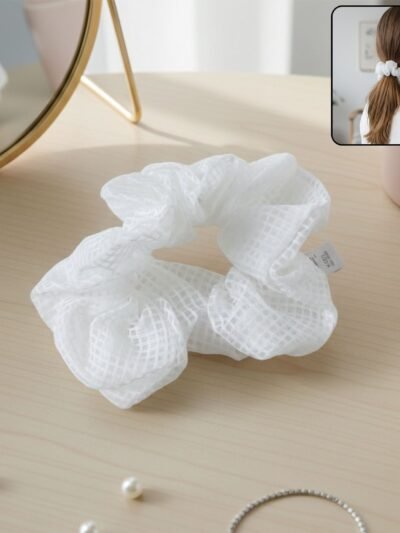 White Mesh Hair Scrunchie – Soft Stretchable Hair Tie