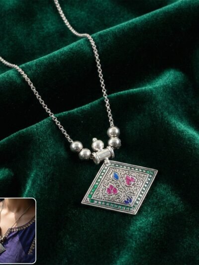 Traditional Square Motif Oxidised Silver Pendant Necklace – Elegant Ethnic Style
