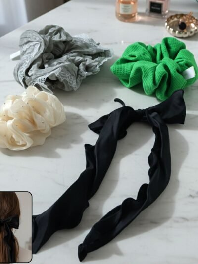 Fabric Hair Scrunchie with Bow Tie – Soft, Stylish Hair Accessory