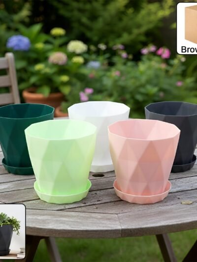 Diamond Design Plastic Flower Pot Set – Stylish 5-Piece Planters with Drain Tray