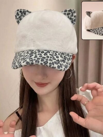 Cat Ear Fur Cap – Trendy Winter Headwear with Printed Visor