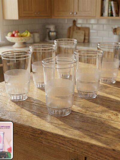 Janta Drinking Glass Set – 6 Pc with Frosted Grip, 300ml Each