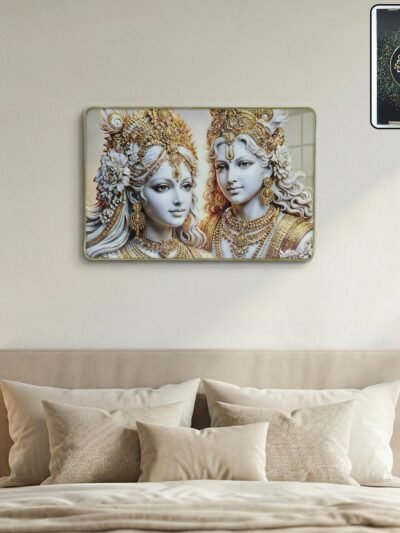 Radha Krishna Wall Art – Golden Finish Decor for Spiritual Spaces