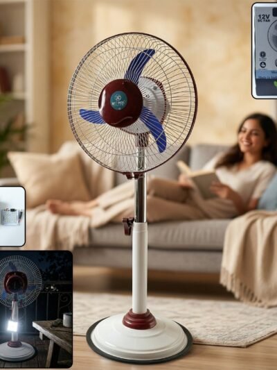 Pedestal Fan – Adjustable Height with LED Light & Rechargeable Power