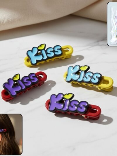 Kiss Text Hair Clip Set – Trendy 4-Piece Decorative Hair Accessories