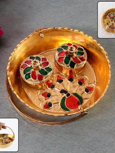 Peacock Meenakari Pooja Tray – Elegant Gold-Tone with Kumkum Bowls