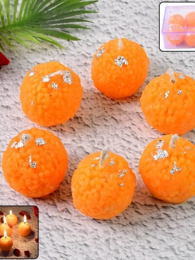 Laddu-Shaped Wax Candles – Set of 6 with Silver Leaf Decoration