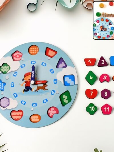 Wooden Educational Learning Clock Toy – Movable Hands & Shape Blocks