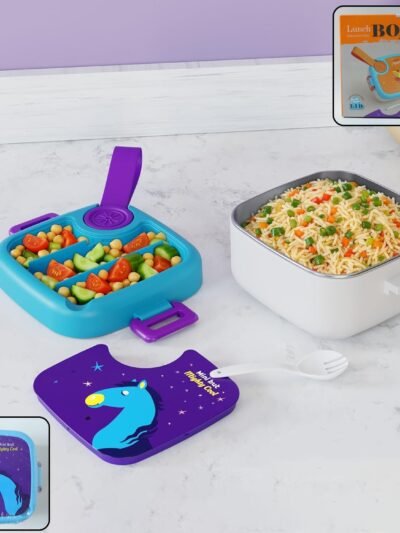 Kids Cartoon Lunch Box – Leak-Resistant Giraffe Print with Stainless Steel Tray