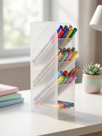 Desk Organizer � 4 Compartments in Clear Plastic for Office Supplies