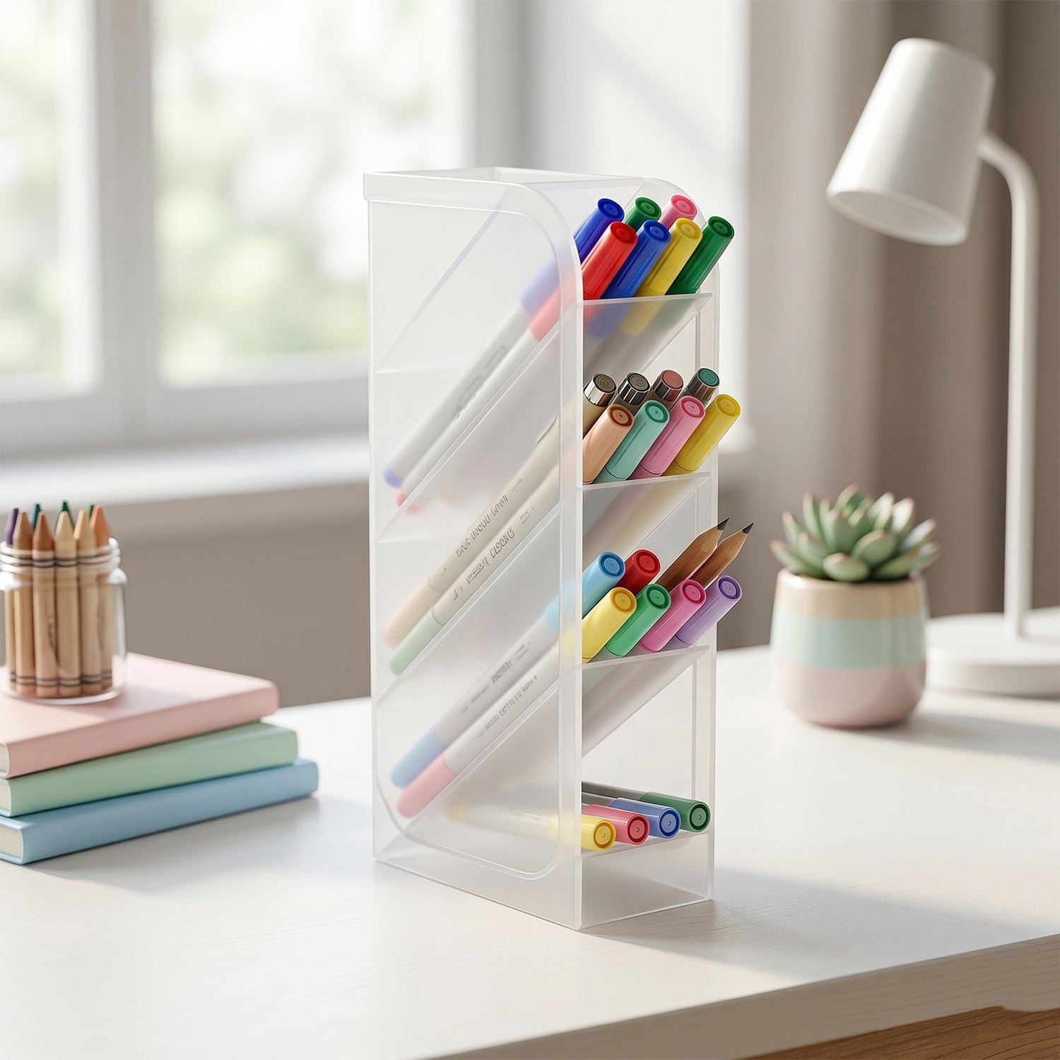Desk Organizer � 4 Compartments in Clear Plastic for Office Supplies