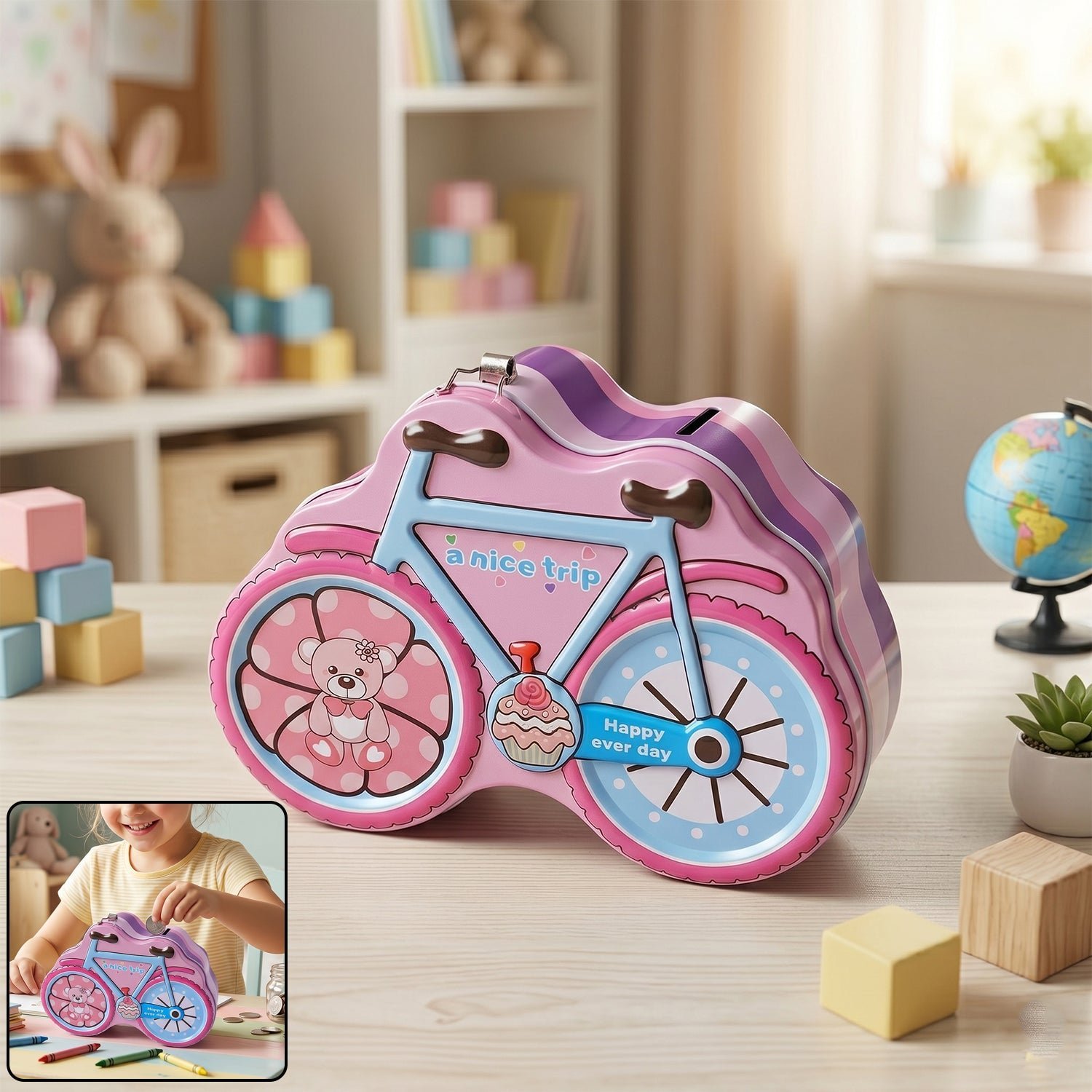 Bicycle Shape Piggy Bank � Colourful Kids� Saving Toy with Lock