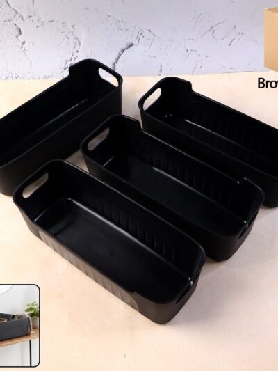 Black Plastic Storage Basket Tray – 4-Piece Stackable Organizer
