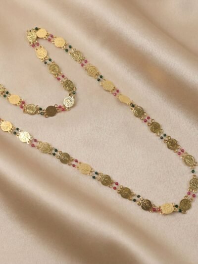 Gold Tone Coin Beaded Necklace – Traditional Ethnic Long Chain