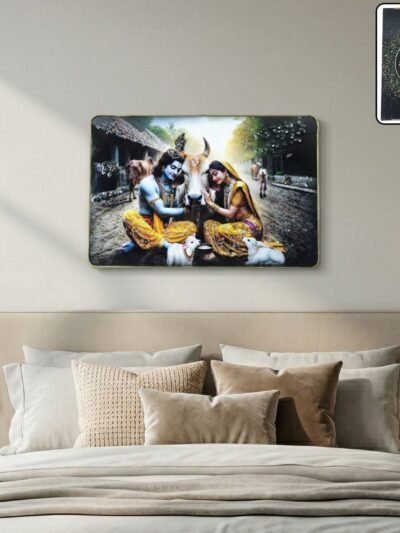Radha Krishna Village Scene Wall Frame – Peaceful & Elegant Decor