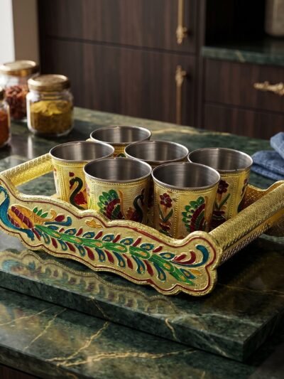 Minakari Serving Tray Set – Peacock Design Glasses | Indo Glow