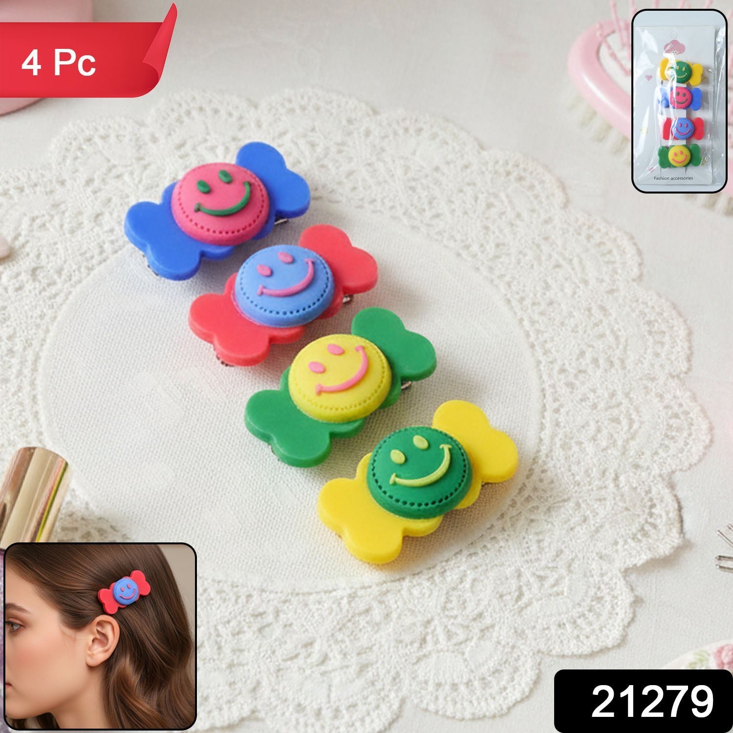 Smiley Candy Hair Clips – Cute Decorative Set of 4 for Daily Wear