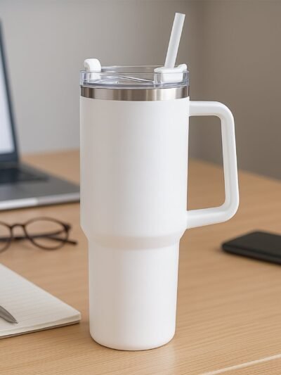 Insulated Stainless Steel Travel Tumbler – 890 ML White with Handle