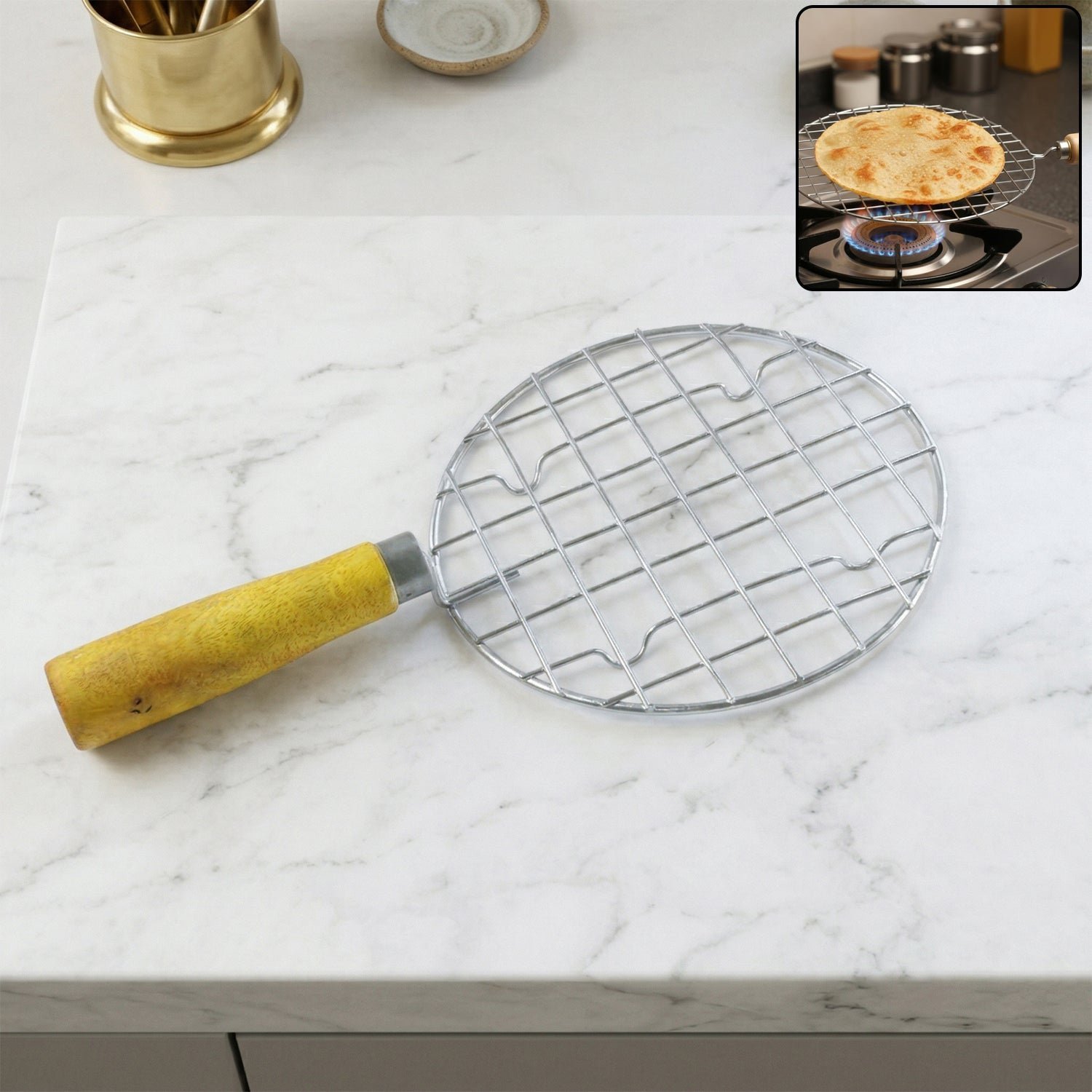 Papad Jali Roaster – Stainless Steel with Wooden Handle | CookAura