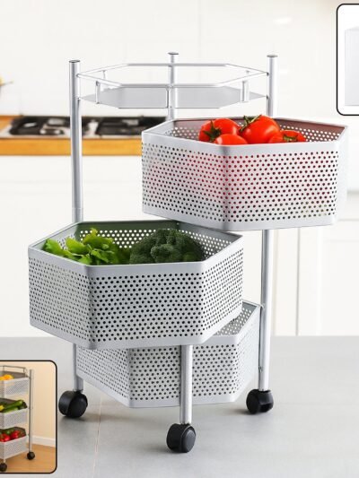 Kitchen Storage Trolley – Premium 3-Layer Hexagon Metal Organizer with Wheels