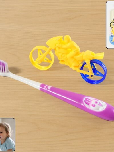 Kids Toothbrush – Panda Design with Fun Motorcycle Toy Set