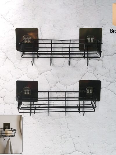 Self-Adhesive Wall Storage Baskets with Hooks – Durable Metal, No Drill