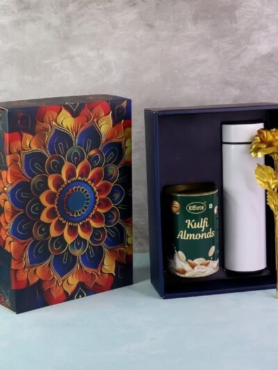 Kulfi Almonds Gift Hamper – Elegant Golden Rose & Stainless Steel Bottle