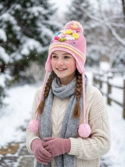 Kids Winter Woolen Ear Flap Cap – Soft & Warm with Pom Pom