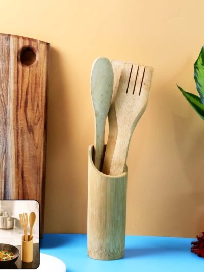 Bamboo Spatula Set – Eco-Friendly 4 Pc Cooking Utensils with Holder