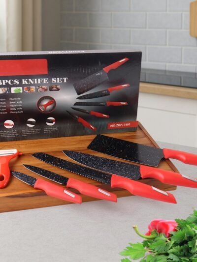 Kitchen Knife Set – Marble-Coated Blades & Ergonomic Red Handles