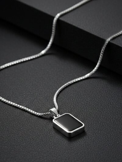 Men's Stainless-Steel Pendant Chain – Sleek Black Rectangle