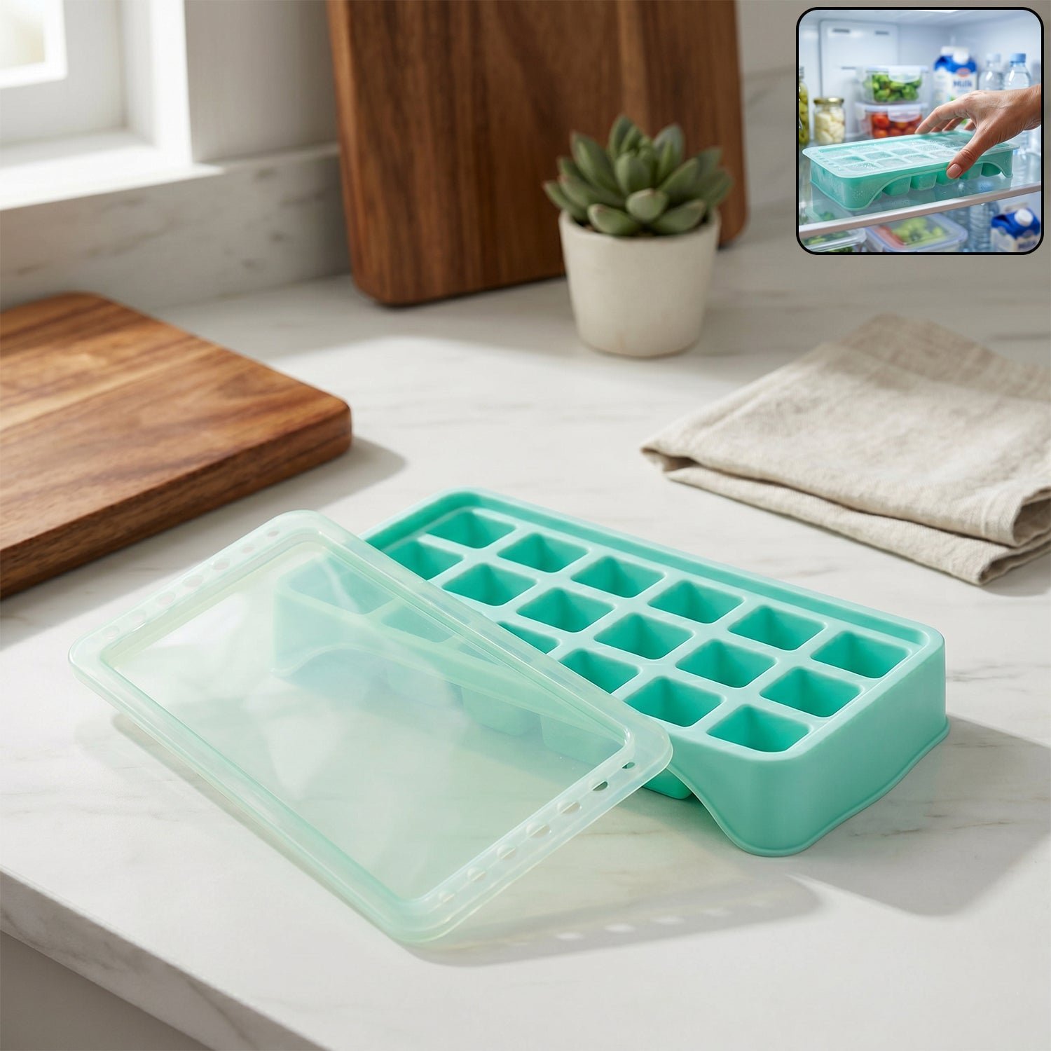 Ice Cube Tray � Leak-Proof with 18-Grid Silicone Design