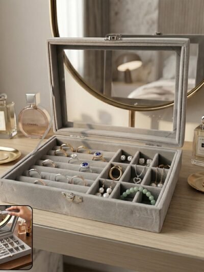Velvet Jewellery Organizer Box � Transparent Lid & Multi-Compartment Storage