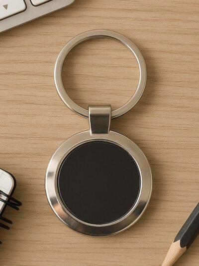 Round Metal Keychain – Durable Chrome Finish with Black Center