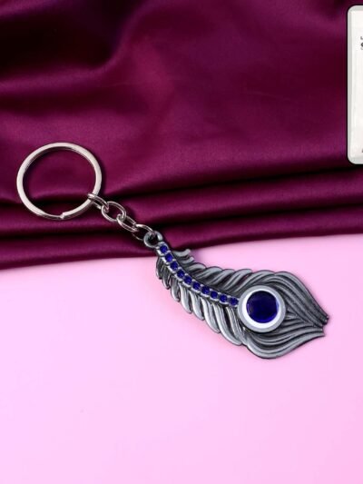 Peacock Feather Keychain – Elegant Metal with Blue Gem Accent